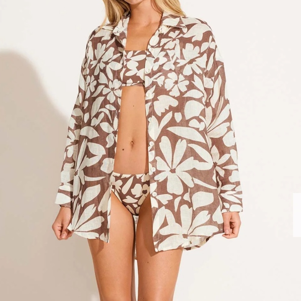 Vitamin A Brown and White Desert Floral Button-Up Beach Shirt